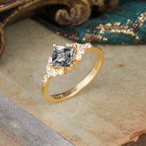 4 Prong Dainty Princess Cut Black Rutilated Quartz Enagement Ring Vintage Side Stone Ring